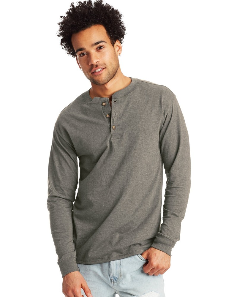 Hanes Men’s Long-Sleeve Henley Shirt Beefy-T pure cotton 3 button S-3XL Tagless