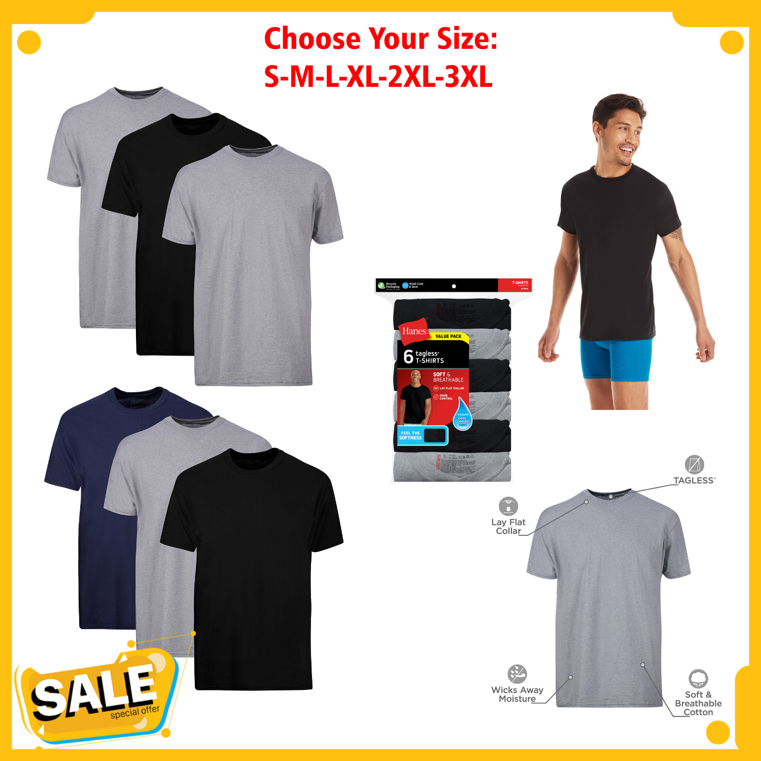 6 Pack Hanes Men's Value Pack Assorted T-Shirt Undershirts Size S-3XL NEW gallery
