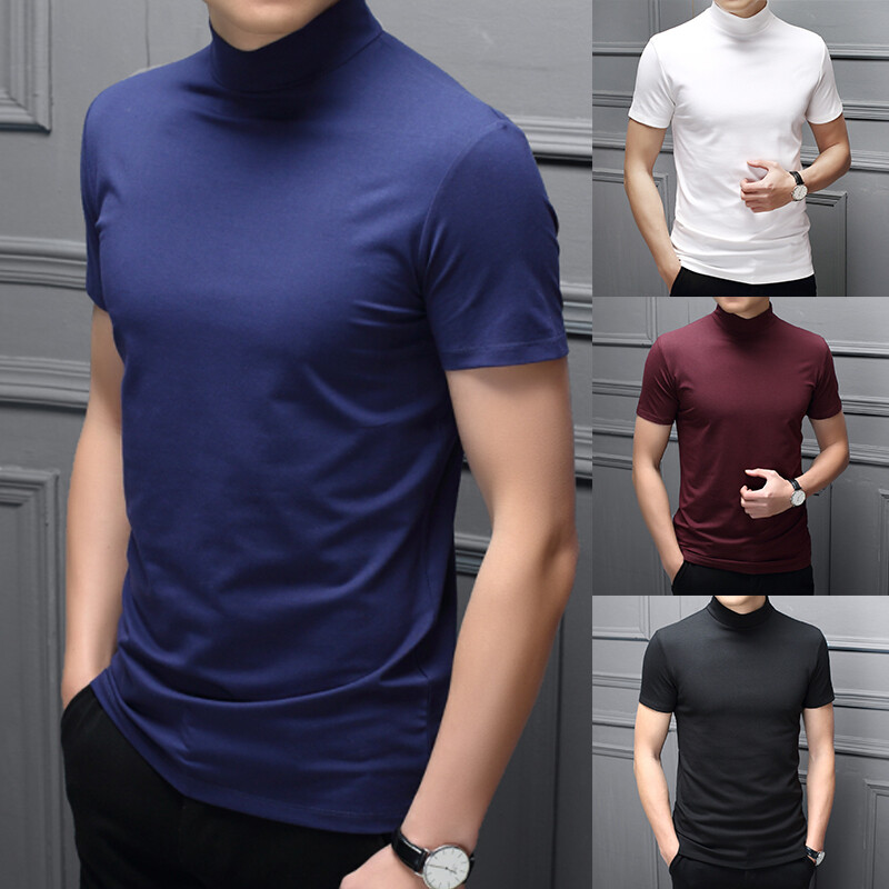 Mens High Neck T Shirt Stretch Turtle Casual Short Sleeve Slim Top gallery