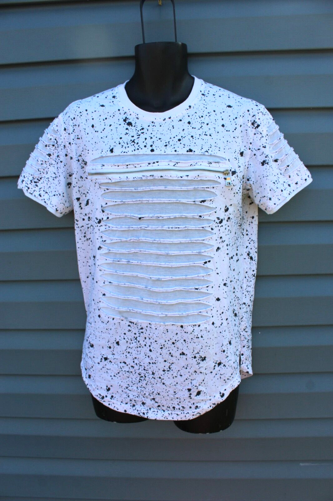 Carbon Short Sleeve Paint Splatter Distressed Shirt Shredded Zipper Size MEDIUM gallery