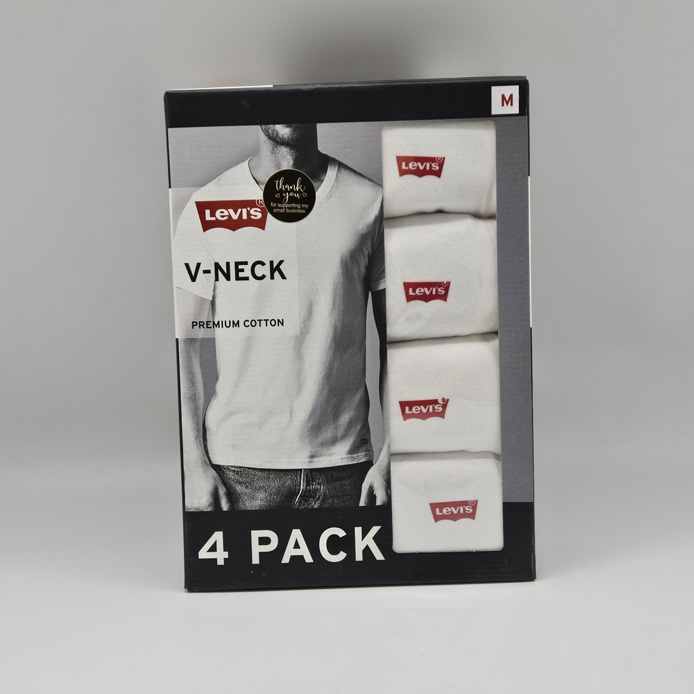4 Pack LEVIS Men’s M L XL White Premium Cotton V Neck Logo T Shirt