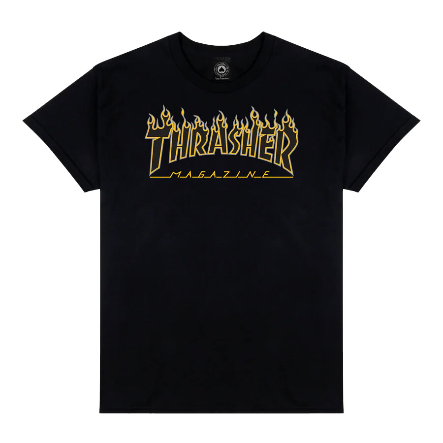 Thrasher Magazine FLAMES LOGO Skateboard T Shirt BLACK w/GREY/YELLOW Outline