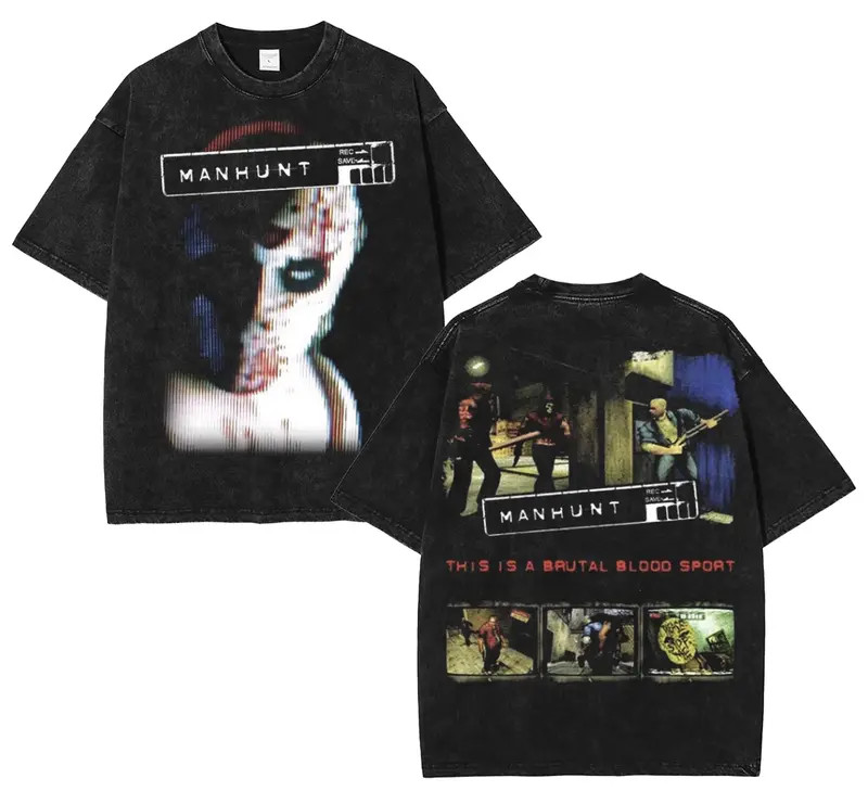 Arcade Anime Manhunt PS2 Unisex Acid Washed T-Shirt, Graphic Tee Wash