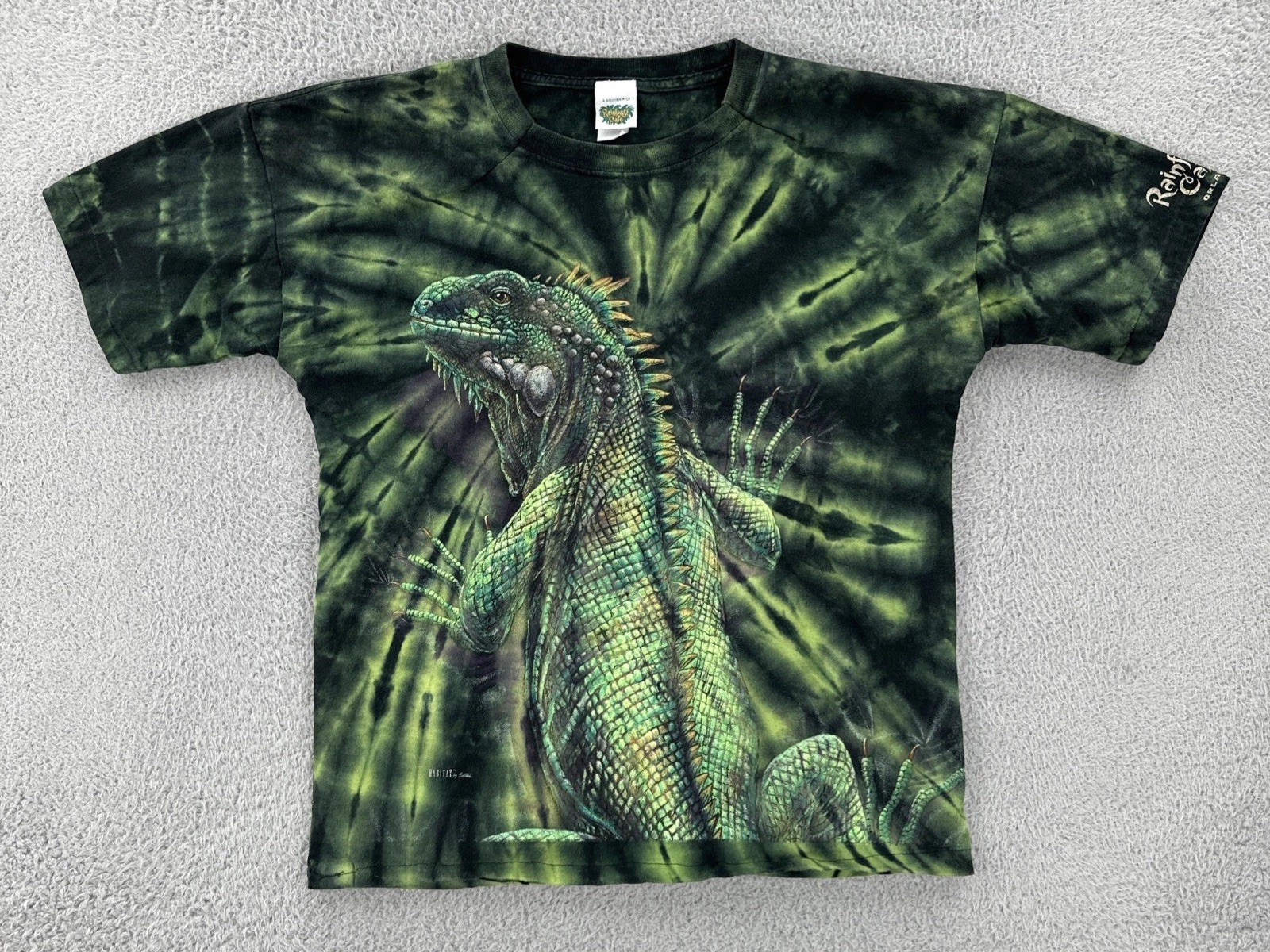 Vtg Rainforest Cafe Adult L Green Tie Dye Iguana Double Sided Graphic Print Tee