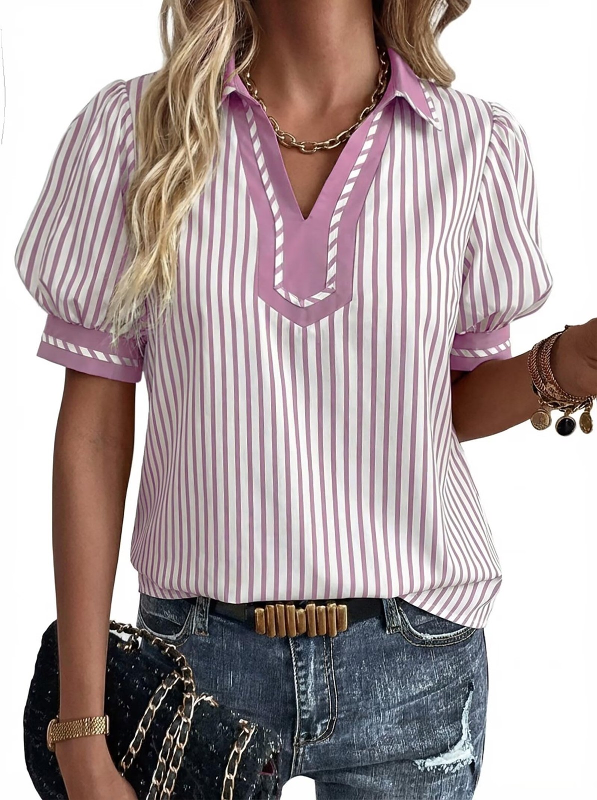 Womens Summer Lapel Collar V Neck Short Puff Sleeve Office Blouses Striped Co…