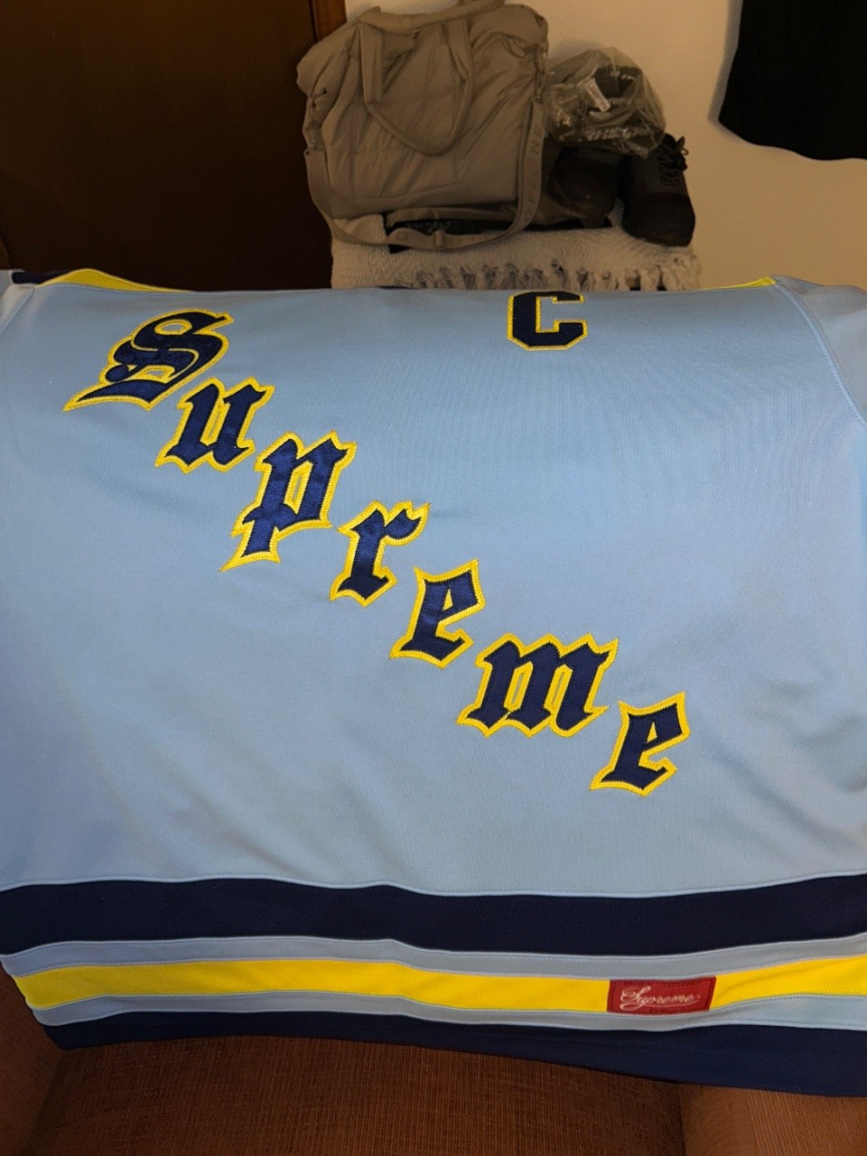 Supreme Patches Hockey Jersey Light Blue/Navy/Yellow (Fire & Ice) Size XL gallery