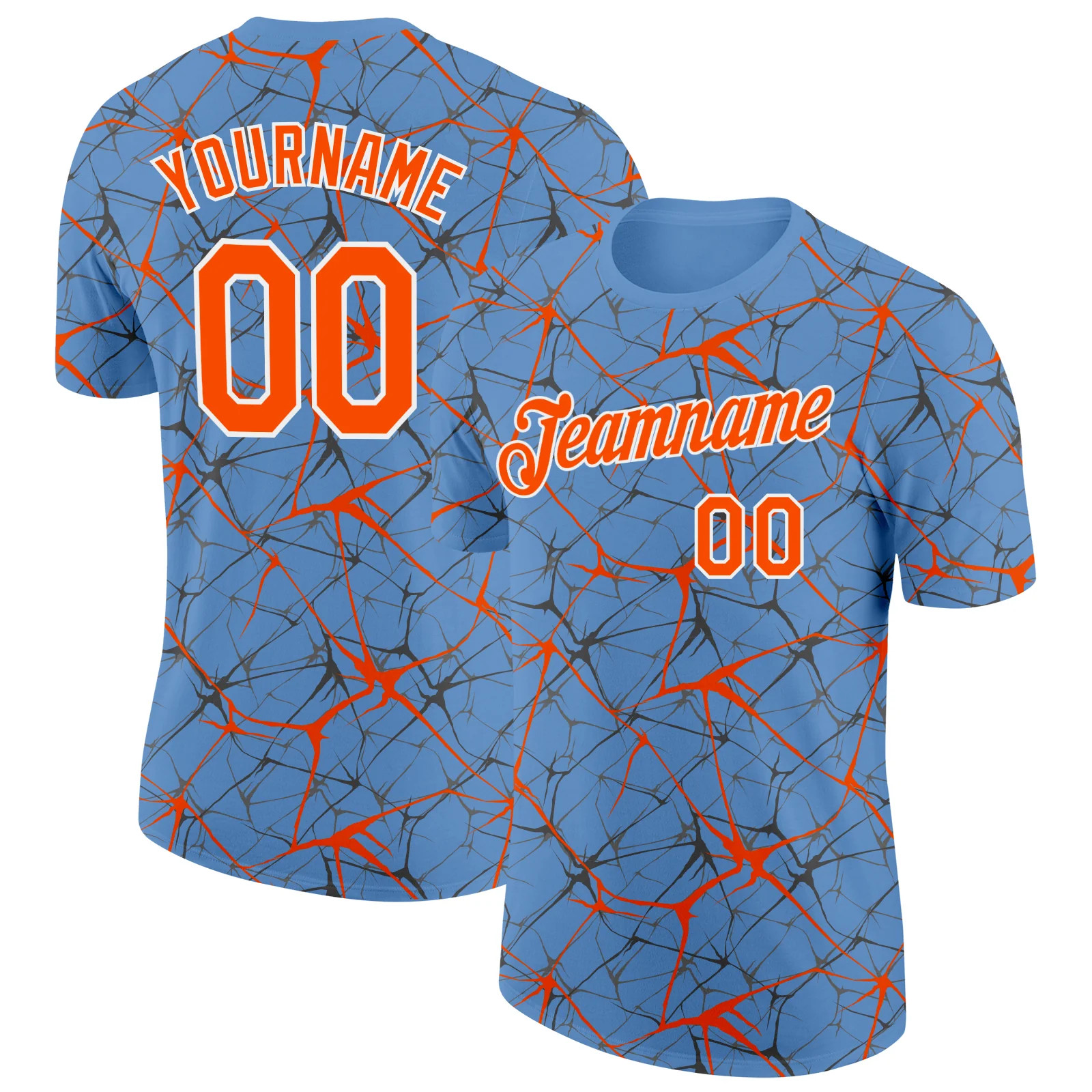 Custom Light Blue Orange Abstract Crackle Sports Tee Personalized Jersey gallery