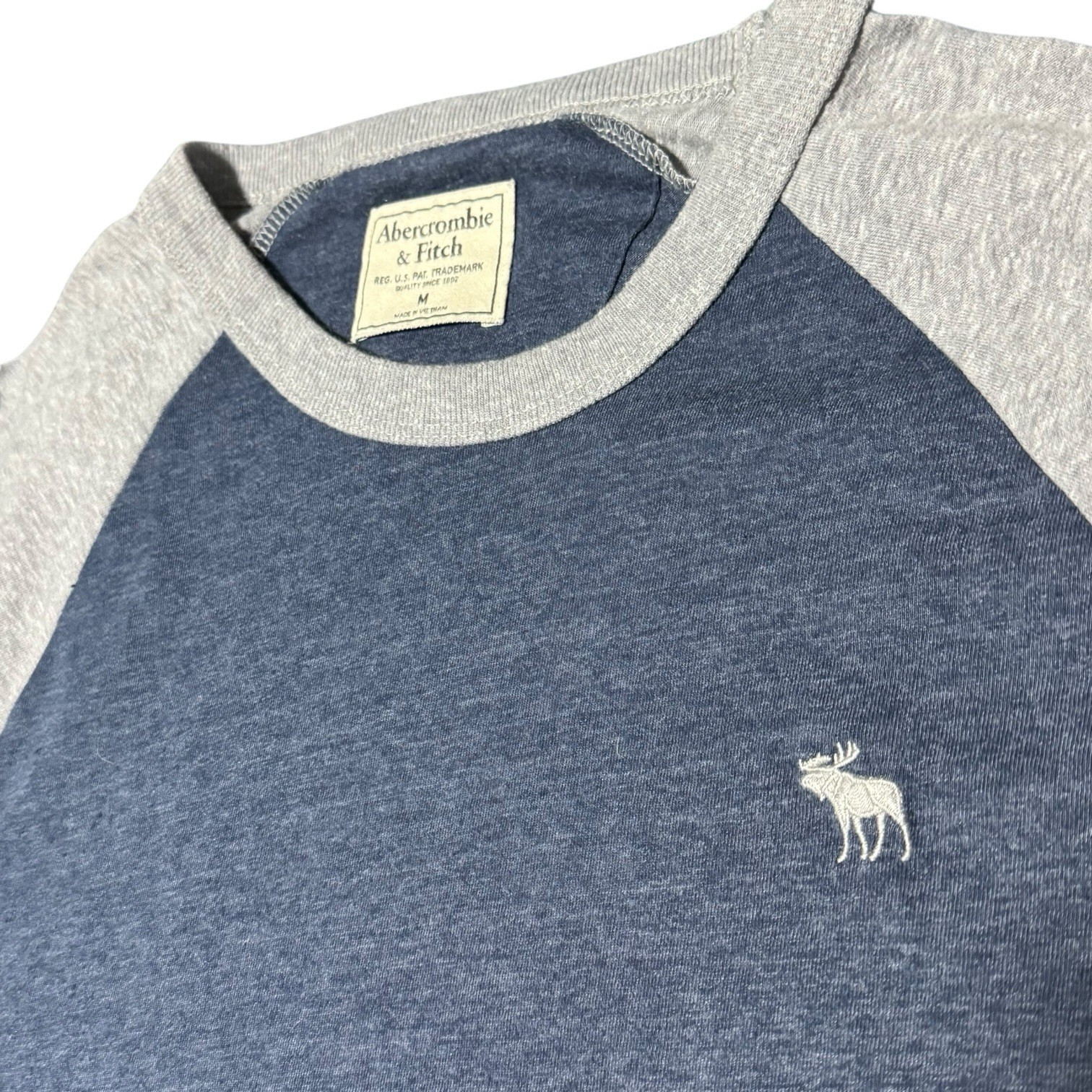 Abercrombie & Fitch Blue Grey Raglan Baseball Tee Iconic Moose Sz M Y2K