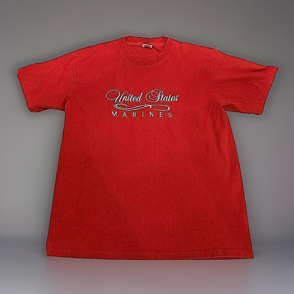 Vtg United States Marine Corps Script Logo T Shirt LARGE M.J. Soffe Semper Fi