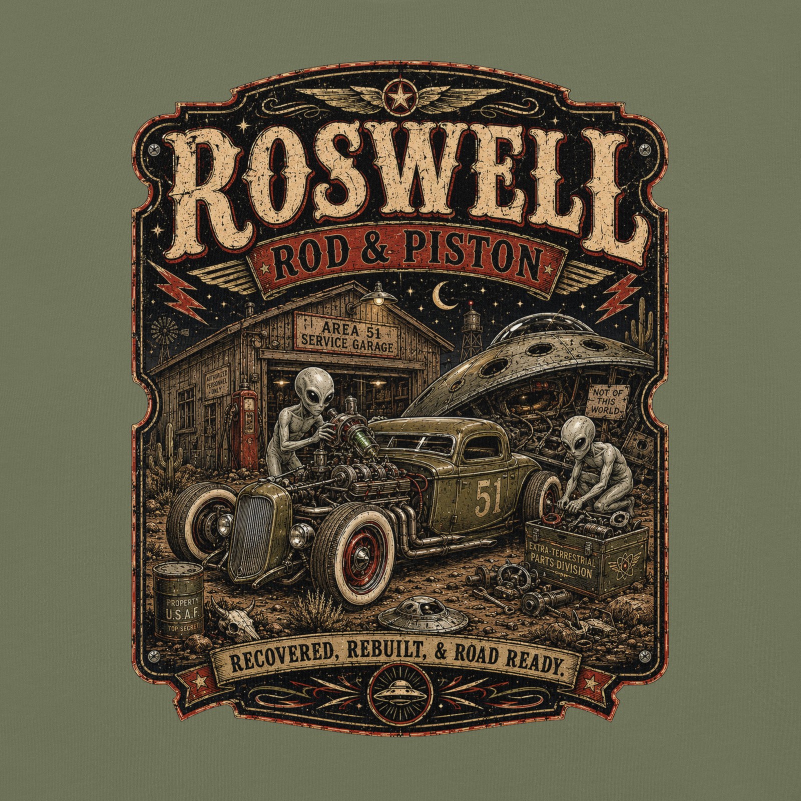 Roswell Rod & Piston Alien Garage T-Shirt Hot Rod Flying Saucer UFO Tee S-4XL gallery