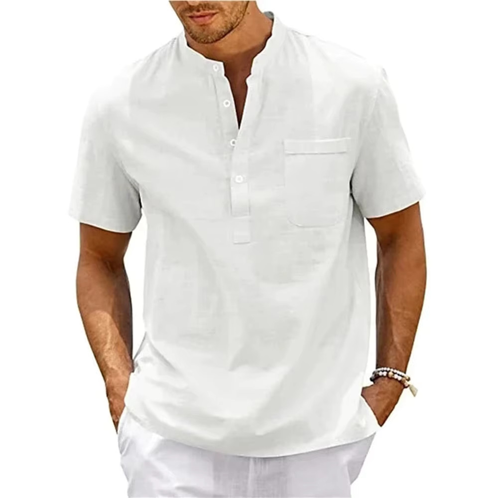 Men’s Cotton Linen Short Sleeve Shirt Casual Summer Henley Beach Top gallery