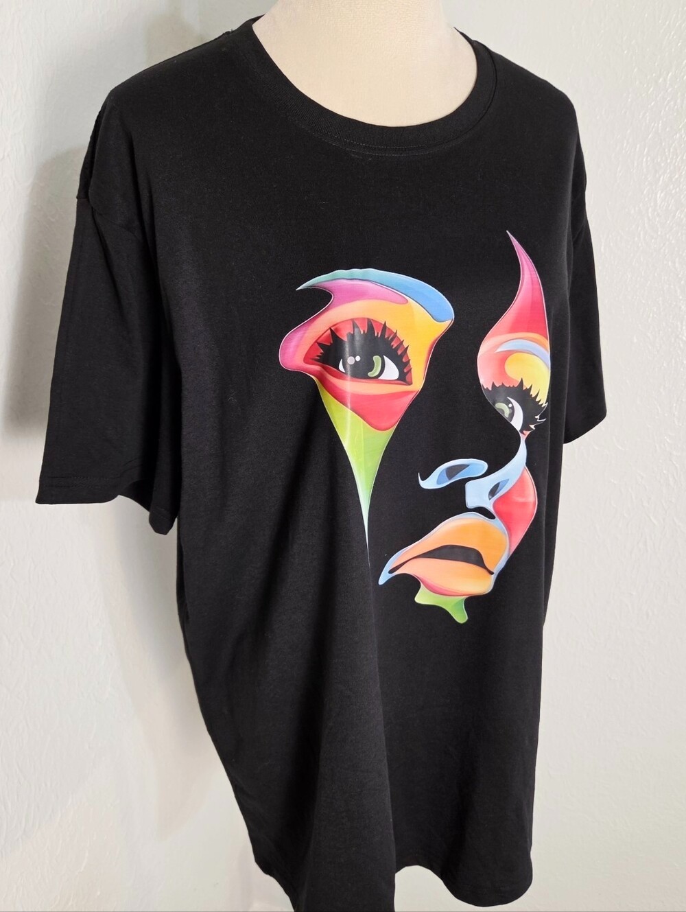 Black Graphic Tee with Colorful Abstract Face, Size XL, NWOT gallery