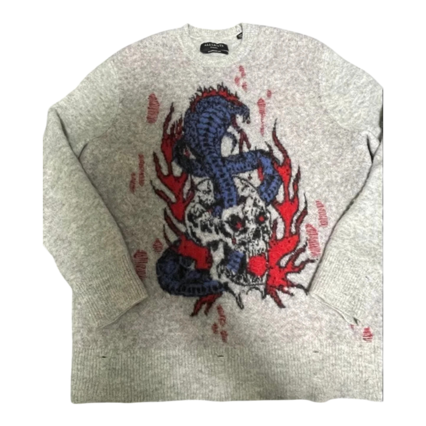 All Saints wool blend knit with skull and snake embroidery