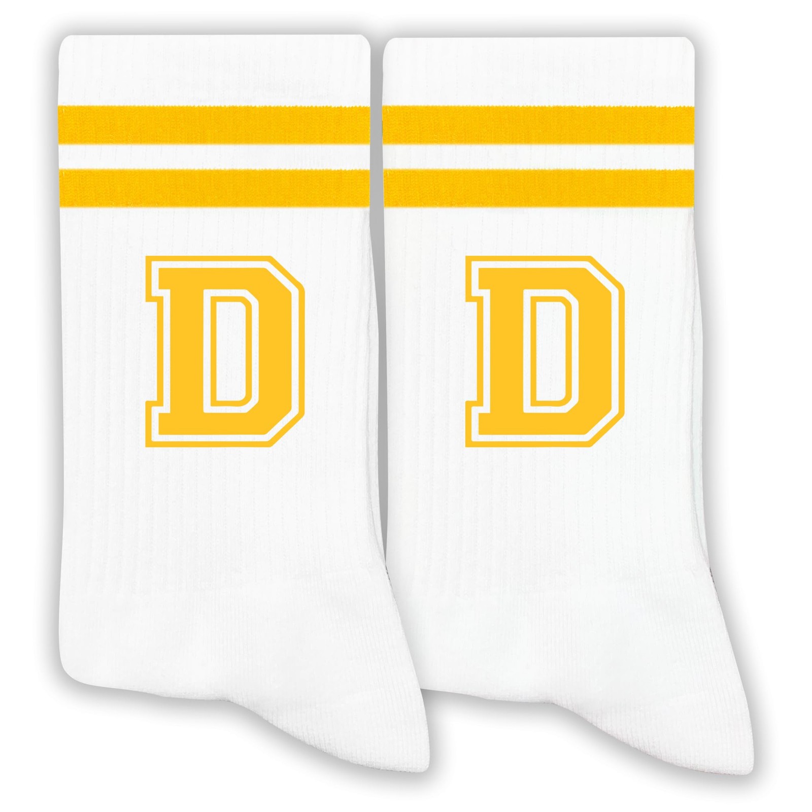 Golden Yellow Initial Stripes Socks with Letter D, Retro Athletic Style Socks…