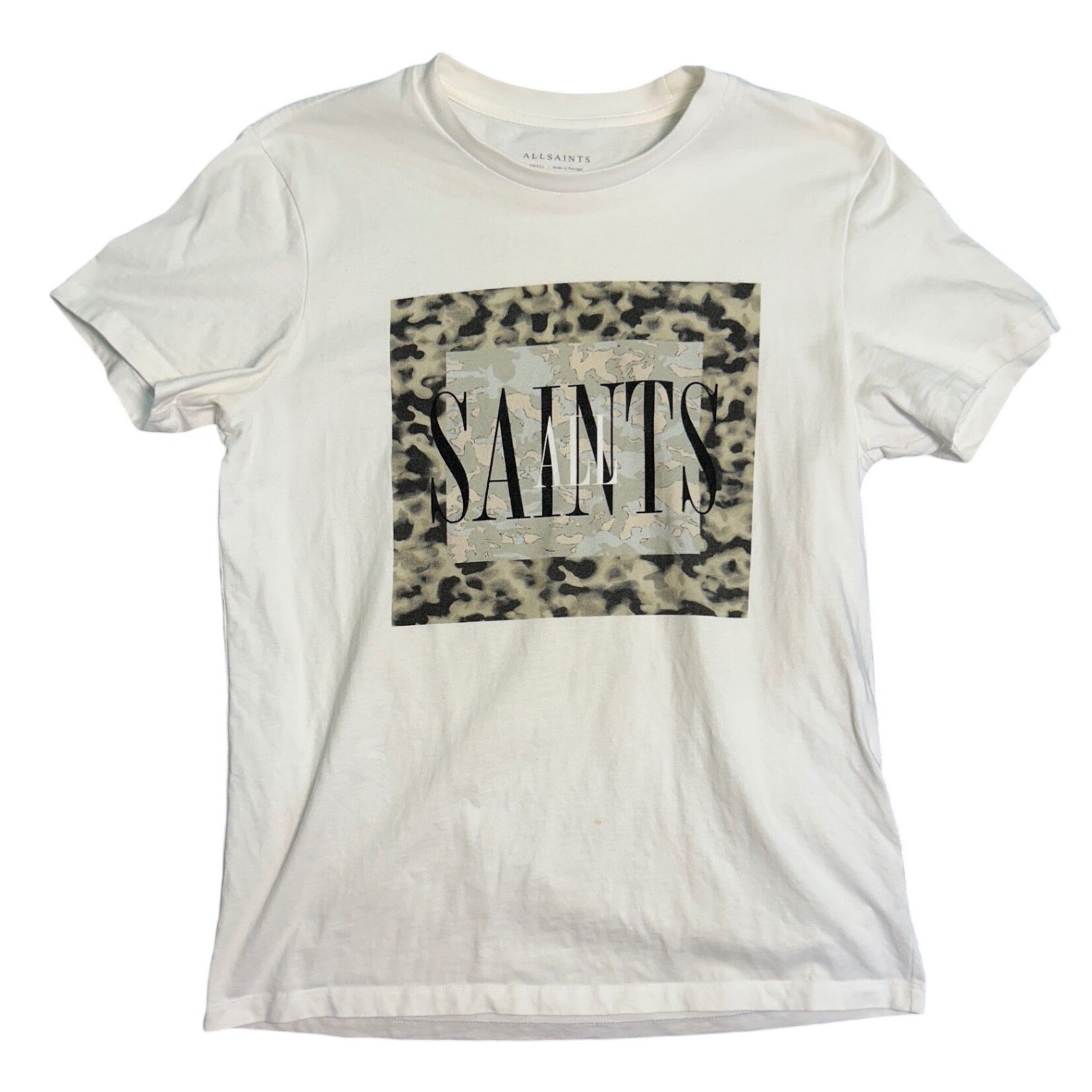 AllSaints Mens Graphic T-Shirt White Leopard Camo Saints Logo Size Small gallery