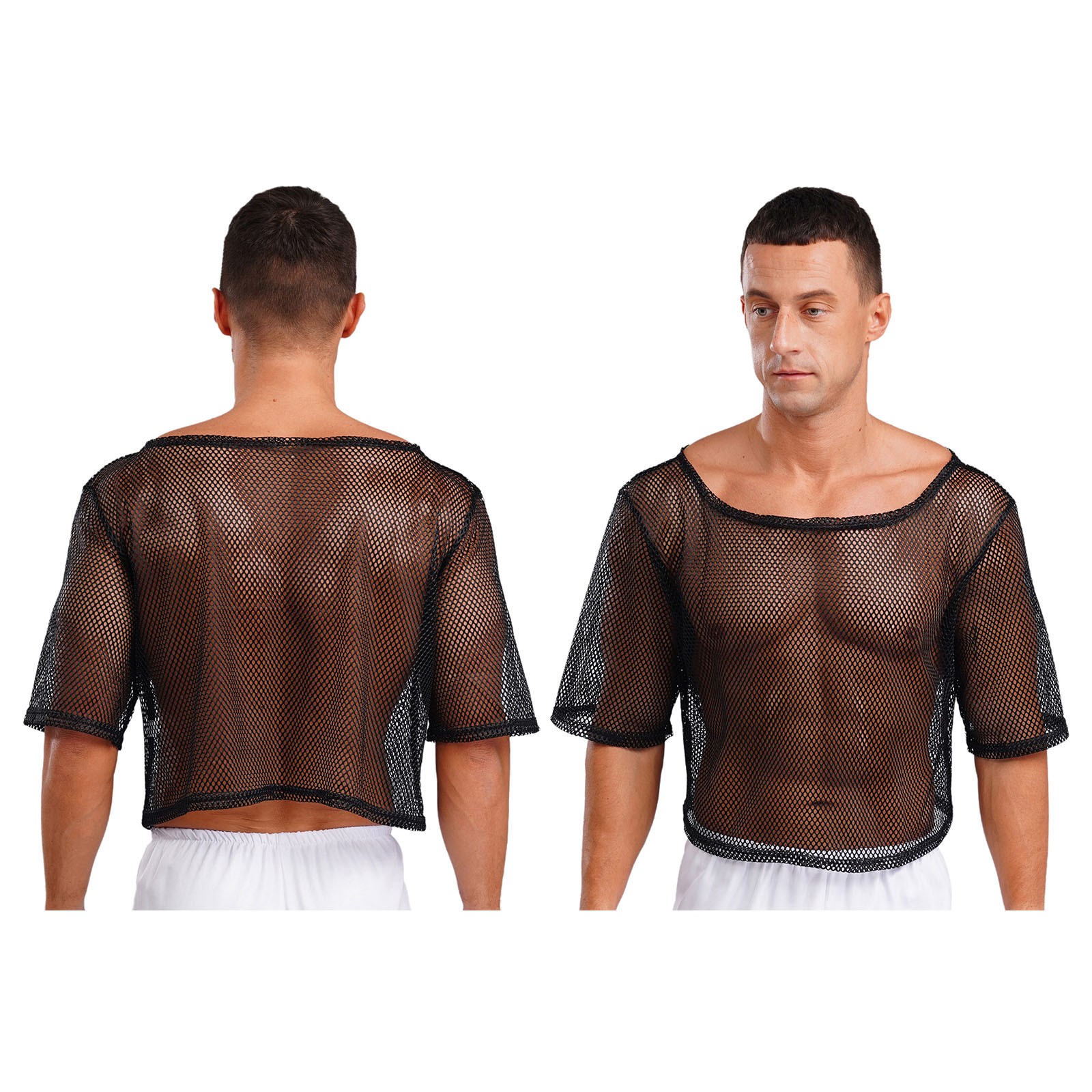 Mens T-shirt Mesh Crop Tops See-Through Tee Vintage Short Sleeve Dance Sexy 80s