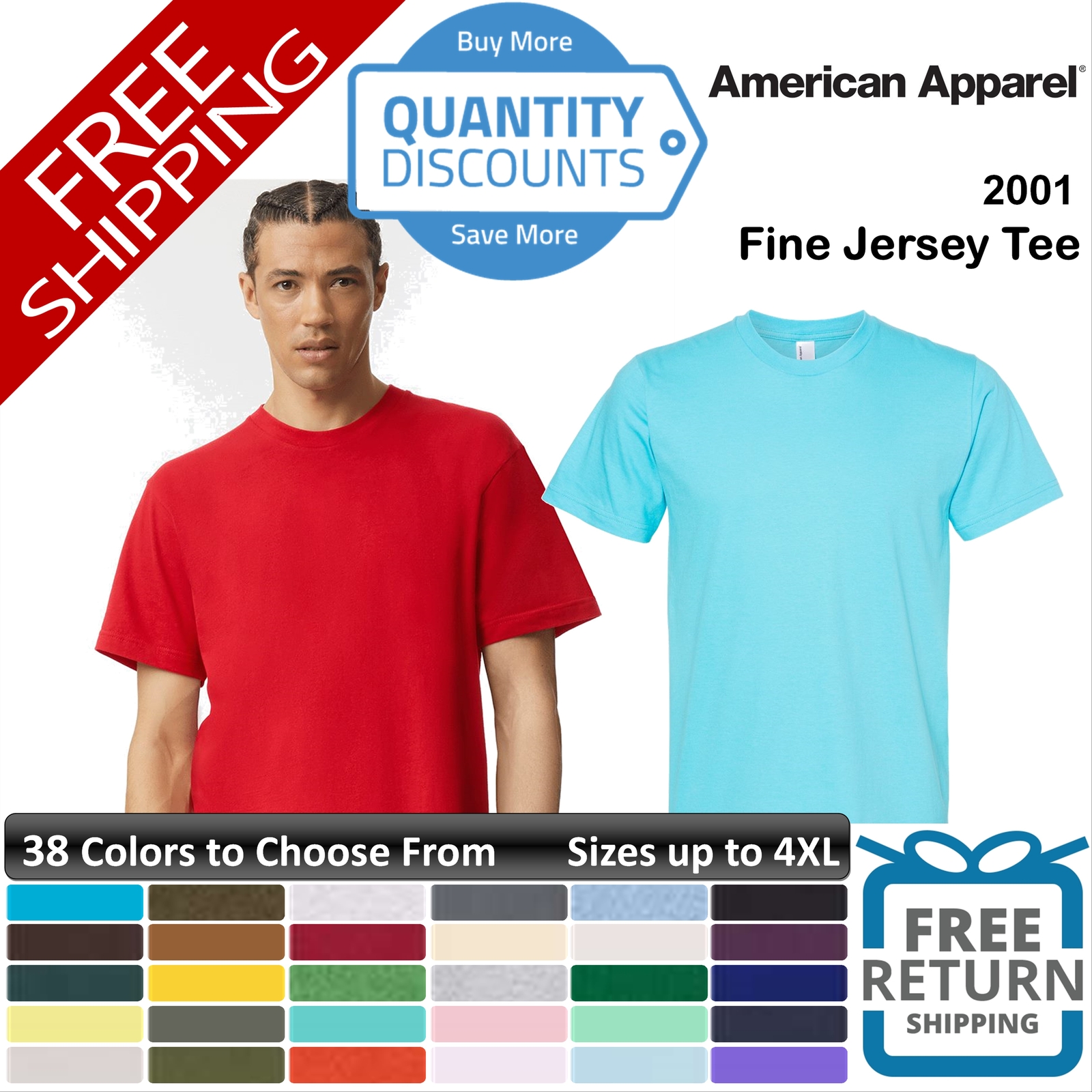 American Apparel Men Fine Jersey Tee Shirt Combed Ringspun Cotton Up To 4XL 2001 gallery