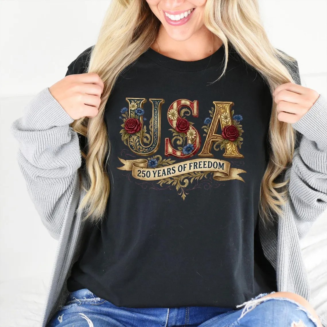 Retro USA 250 Shirt: Floral Patriotic Tshirt Independence Day Celebration gallery