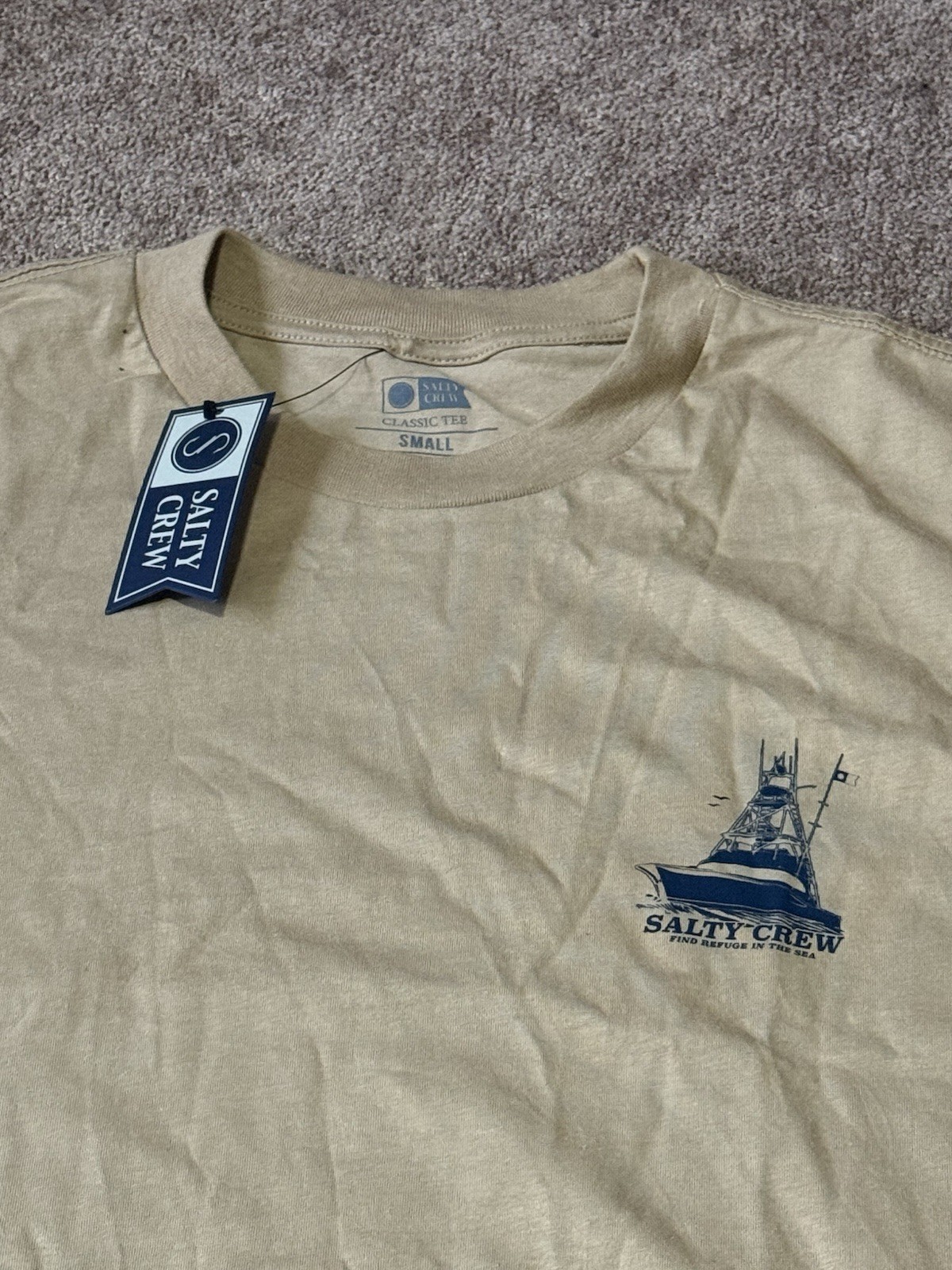 Salty Crew Classic Tee Small Tan Short Sleeve Fishing Boat Graphic T-Shirt New gallery