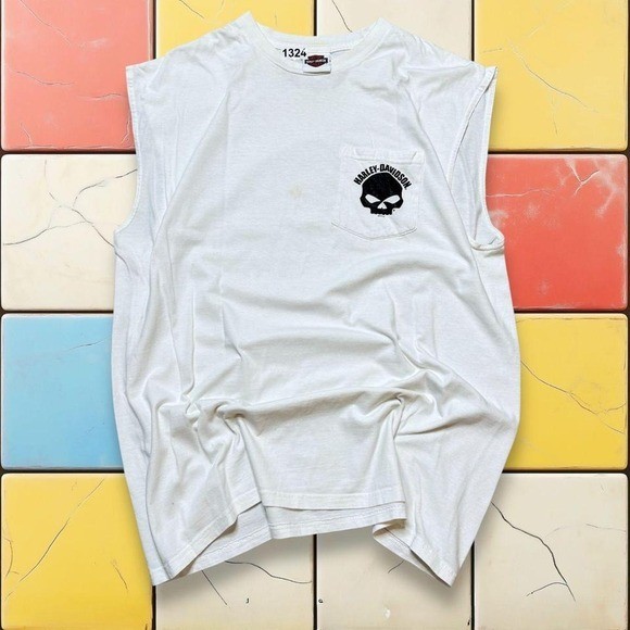 VTG Y2K Skull Harley Davidson Shirt Biker Motorcycle White Grunge Tank Top SZ XL gallery