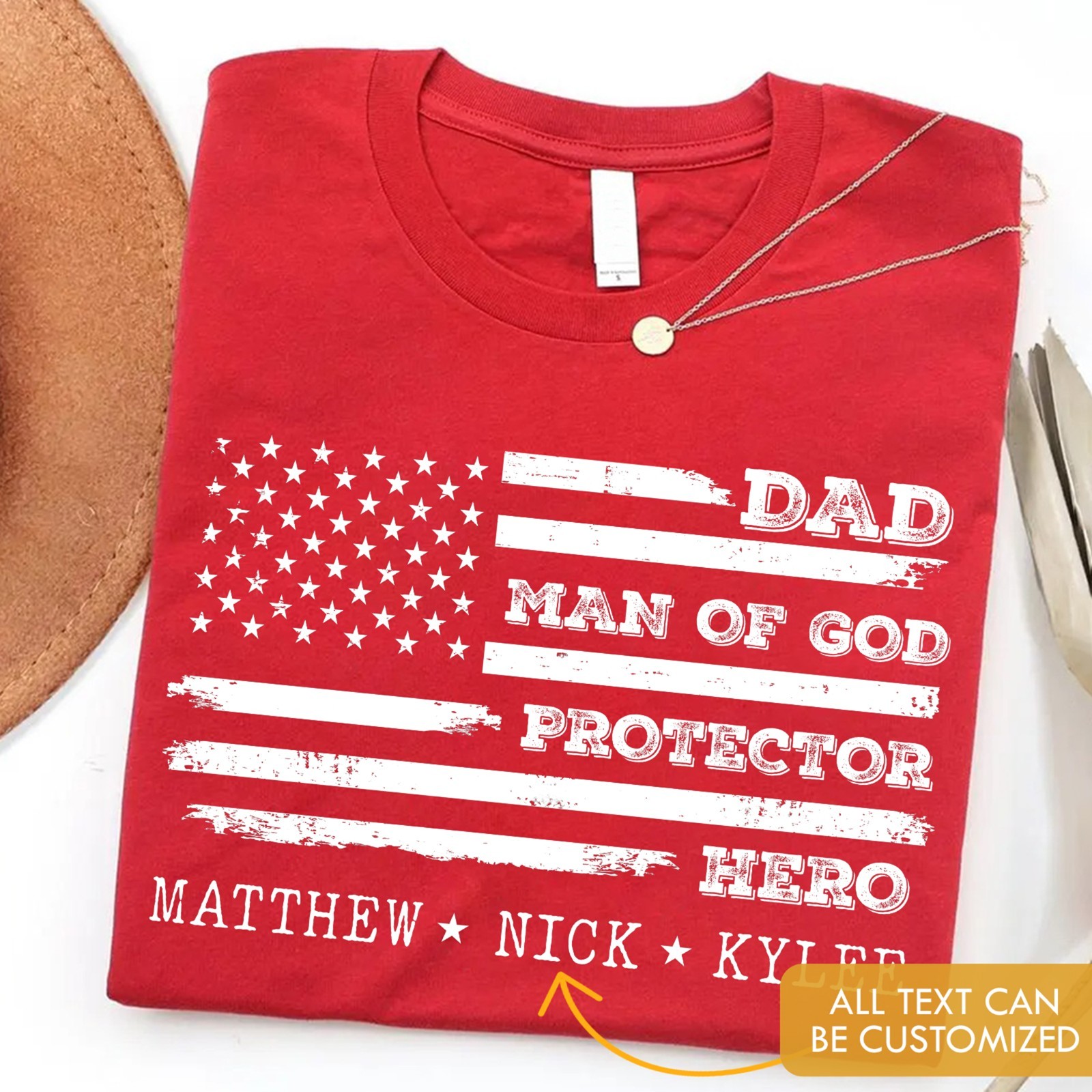 Personalized Dad Man of God Shirt Kids Name Protector Hero USA Flag Fathers Gift gallery