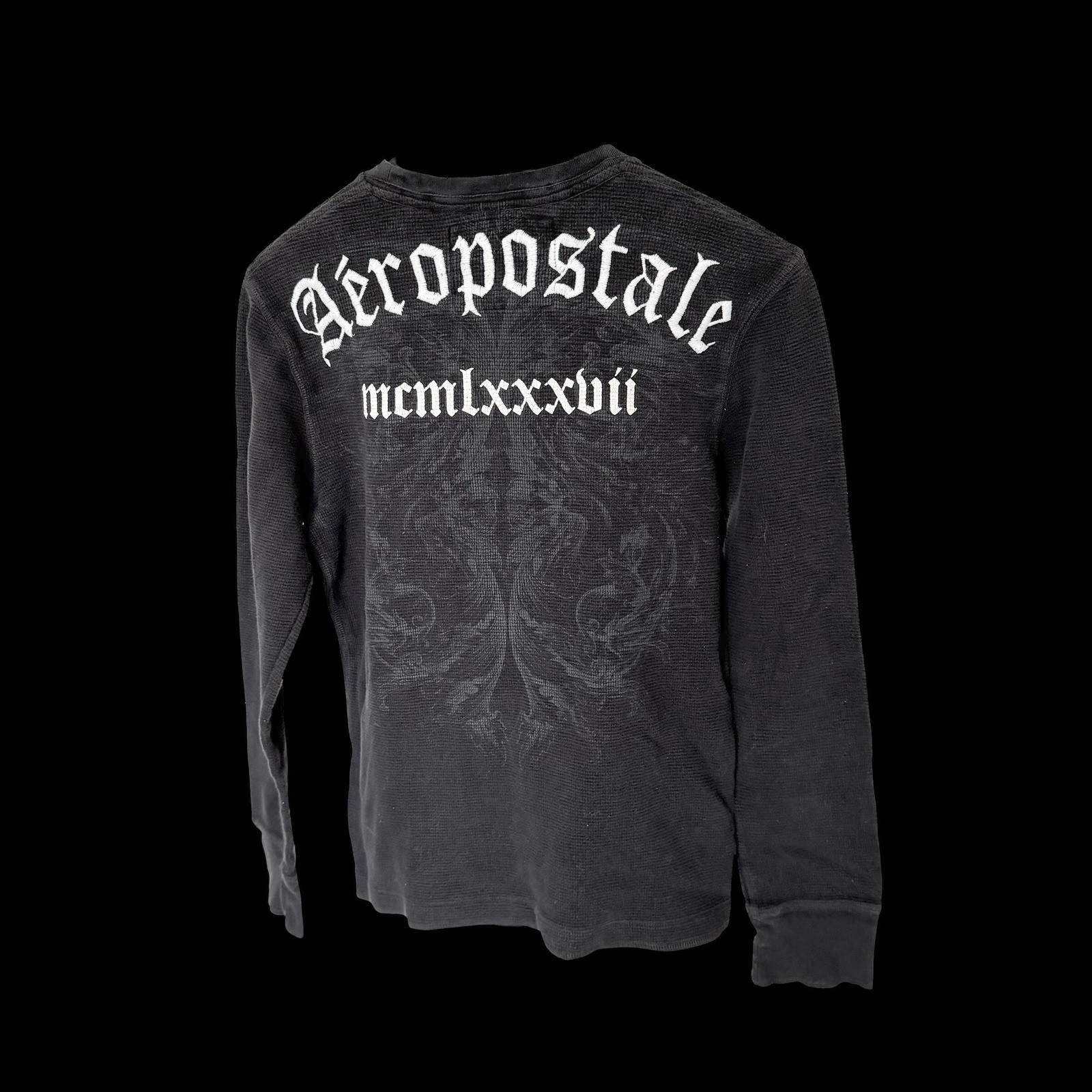 Y2K Aeropostale Black Waffle Knit Thermal Shirt Gothic Logo Biker Medium gallery
