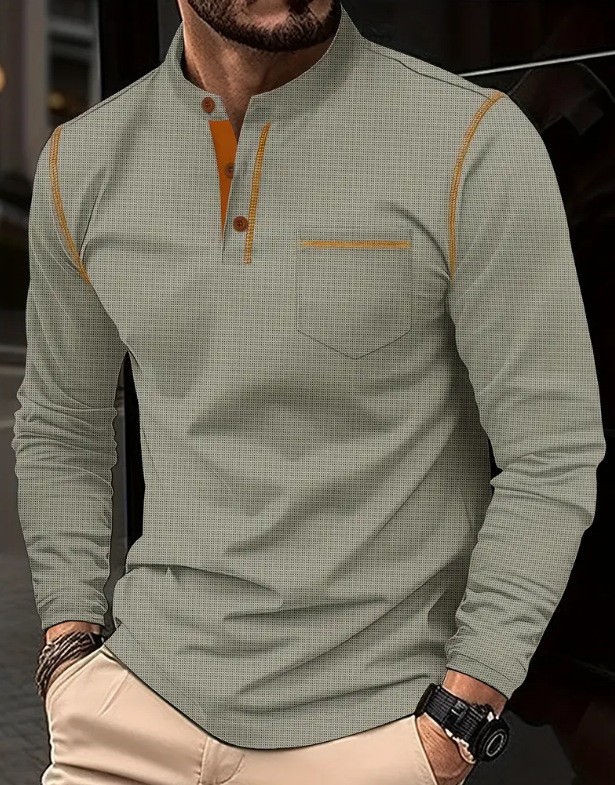 Mens Long Sleeved High-Grade T-shirts Standing Collar Formal Occasions Shirt Top gallery