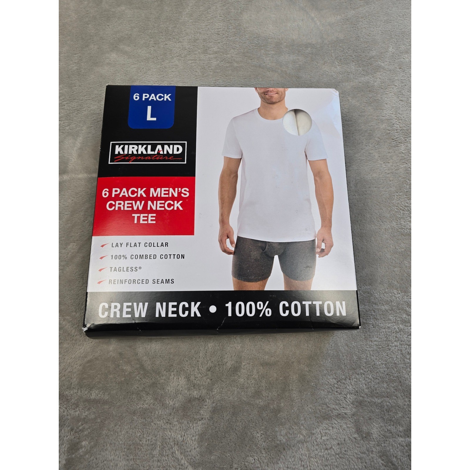 Kirkland Signature Crew Neck Tee Mens Large White 6 Pack 100% Combed Cotton