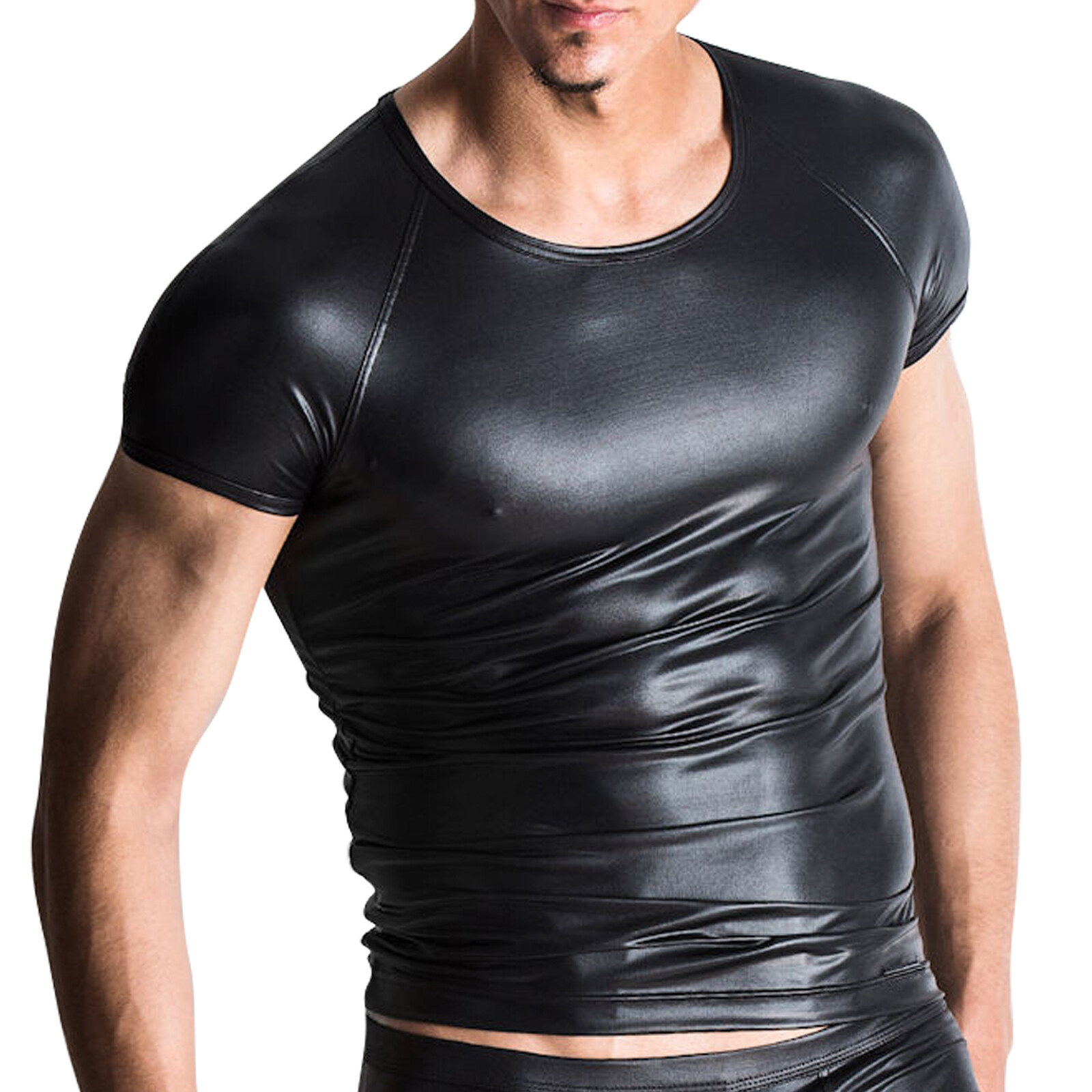 Men's Faux Leather Short Sleeve T-Shirt Sexy Wet Look Tees Muscle Tops gallery