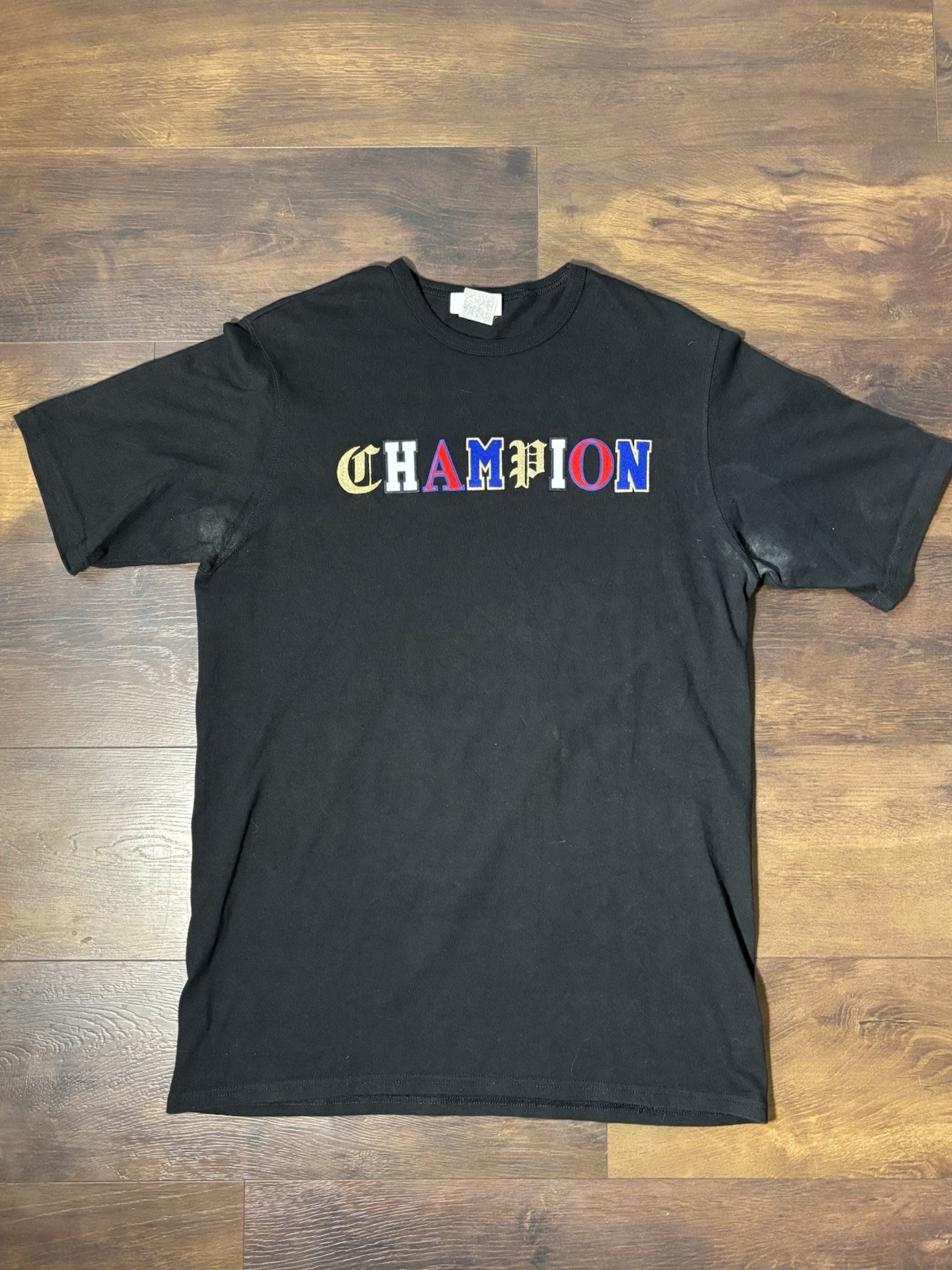 Champion Men's Large Black T-Shirt Multicolor Old English Spellout Vintage Logo gallery