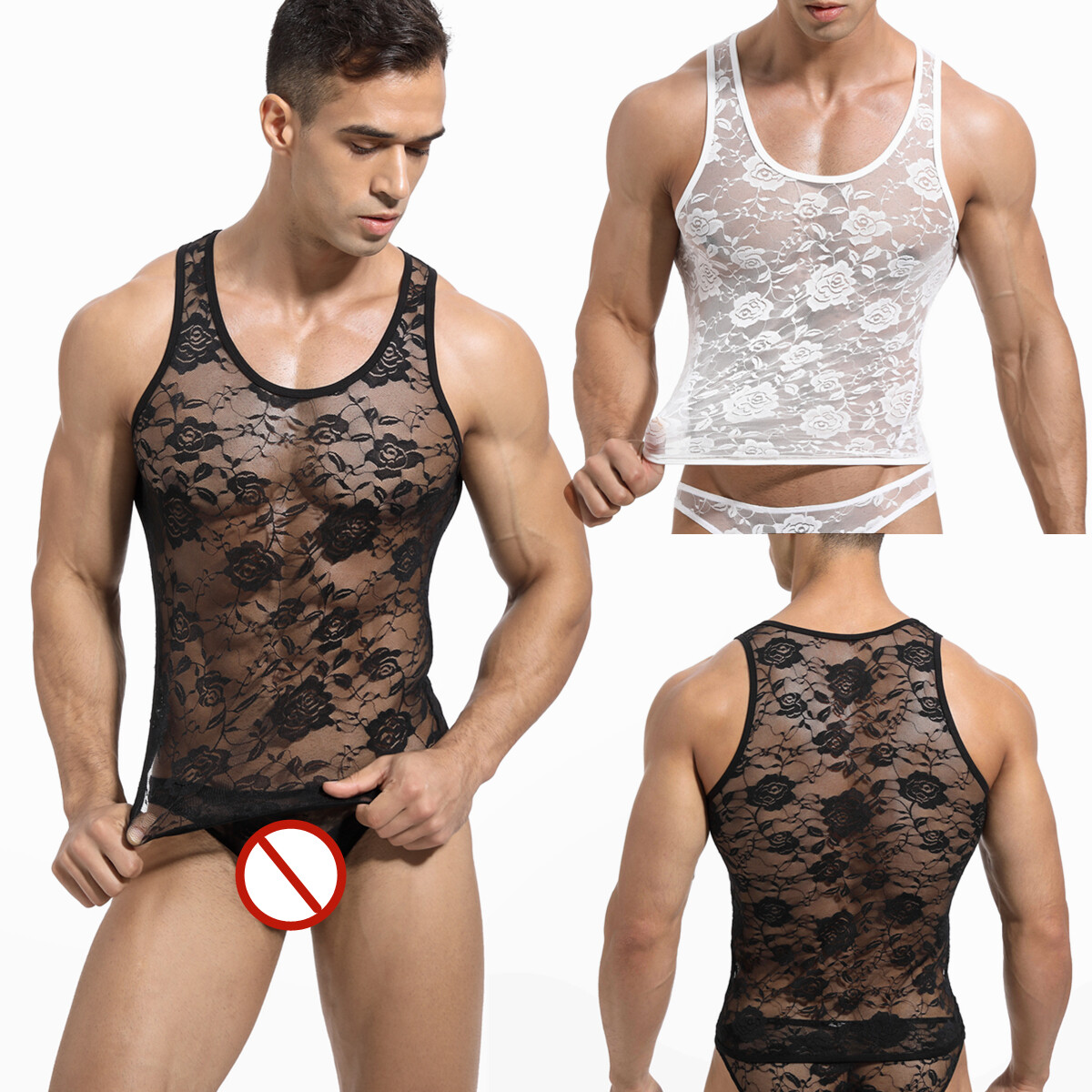 Lace Men Tank Tops Gym Muscle T-Shirt Top See Through Gay Vest Floral Undershirt gallery