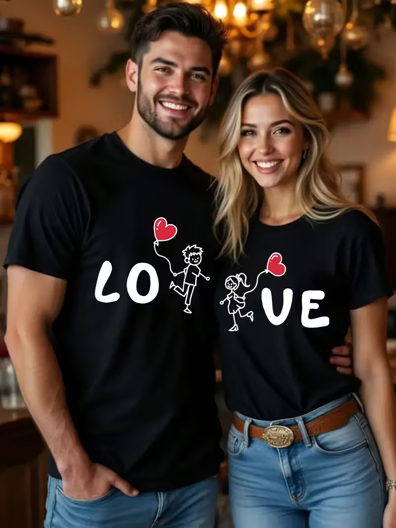 Couple Matching T-Shirts LOVE Heart Design Anniversary Gift Idea His Hers Tee