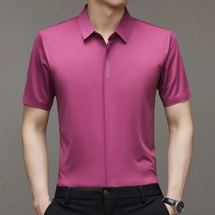 Cooling Ice Silk Men's Casual Shirt Thin Short Sleeve Business Casual Pure Color gallery