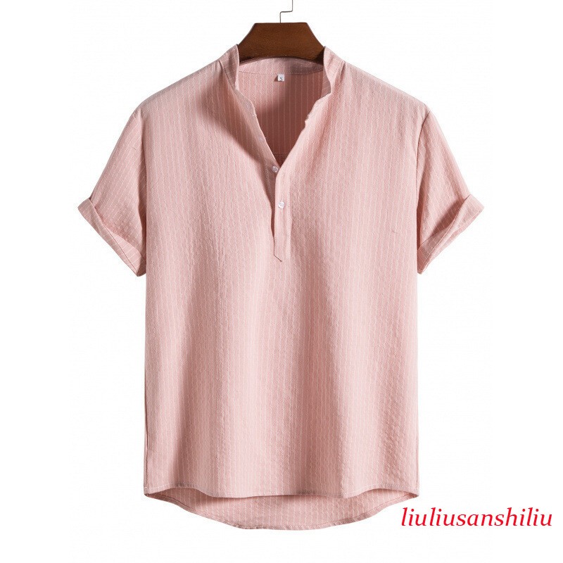 Summer Mens Loose Casual Shirt Cotton and Linen Stand Collar Short Sleeve Shirt gallery