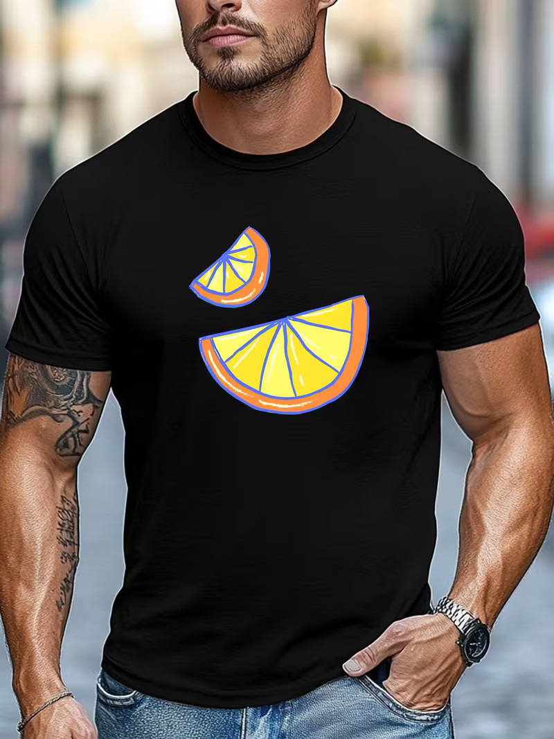 Mens Orange Graphic T Shirt Casual Crew Neck Short Sleeve Summer Relaxed Fit Tee