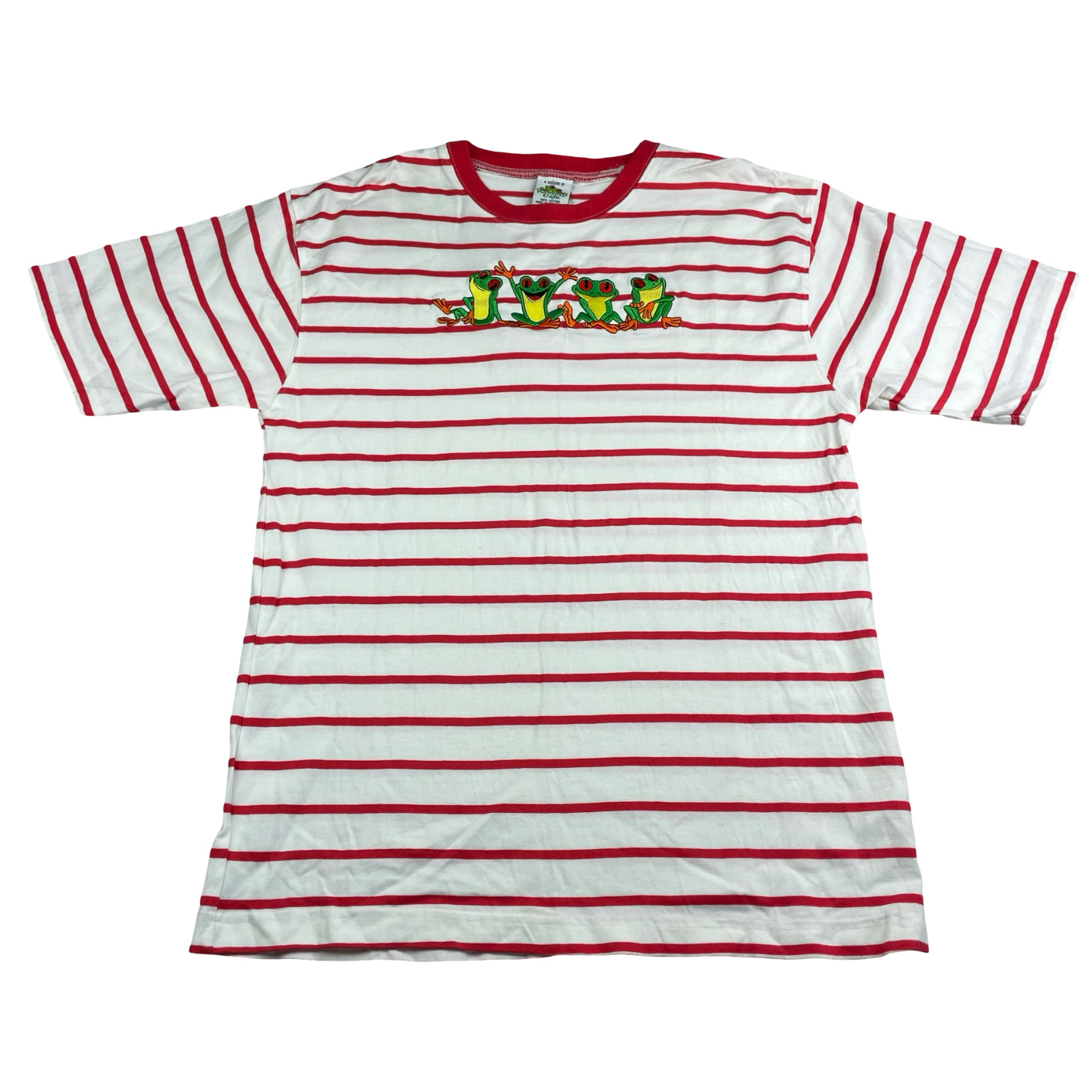 VTG Rainforest Cafe Men's Embroidered Frogs T-Shirt Red/White Stripe • Medium gallery