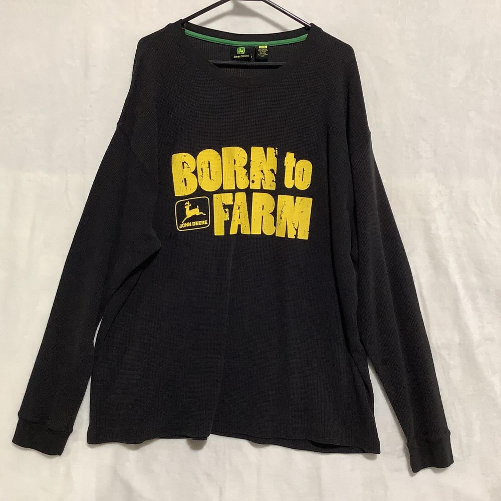 John Deere -Born To Farm -Thermal Waffle Shirt Sz XXL Black w/Yellow Crack Desgn