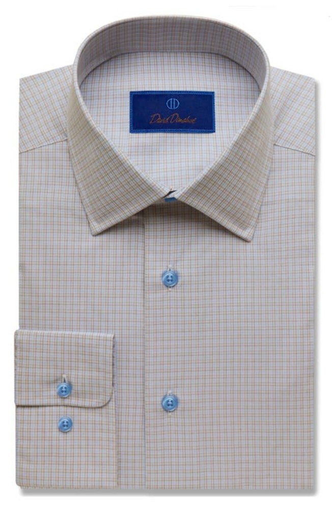 David Donahue Regular Fit Fine Check Dress Shirt in Dune, Size 16.5 – 34