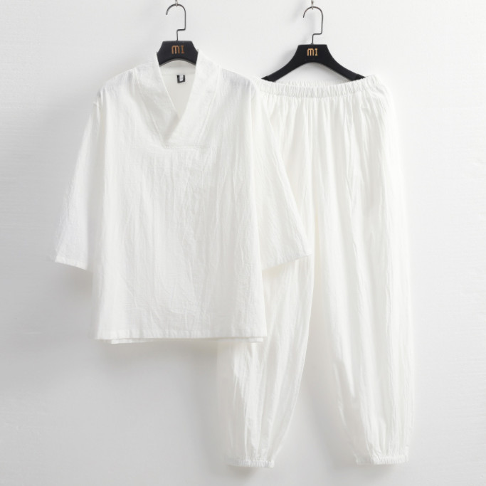 Men Summer Cotton Linen Tang Suit 3/4 Sleeve Casual Han Fu T-Shirt and Pants Set