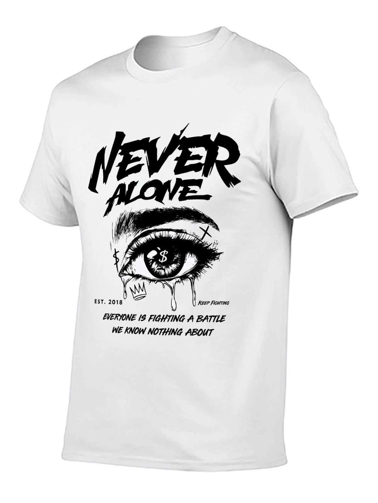 Never Alone Letter & Eye Graphic T-Shirt, Men's Streetwear Motivational Tee gallery