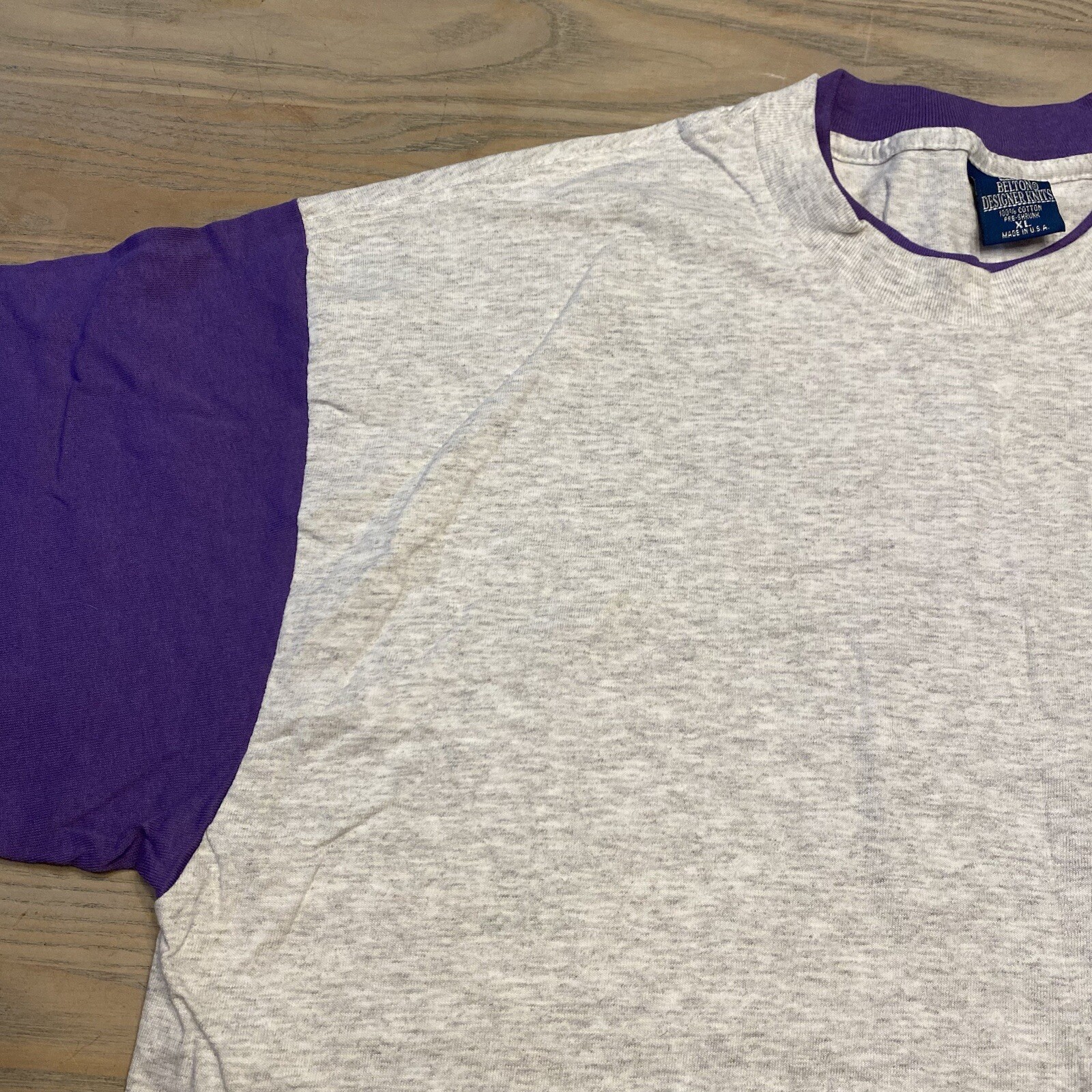 VTG Belton Designer Knits Gray Purple Contrast Sleeves Mens XL Single Stitch USA gallery