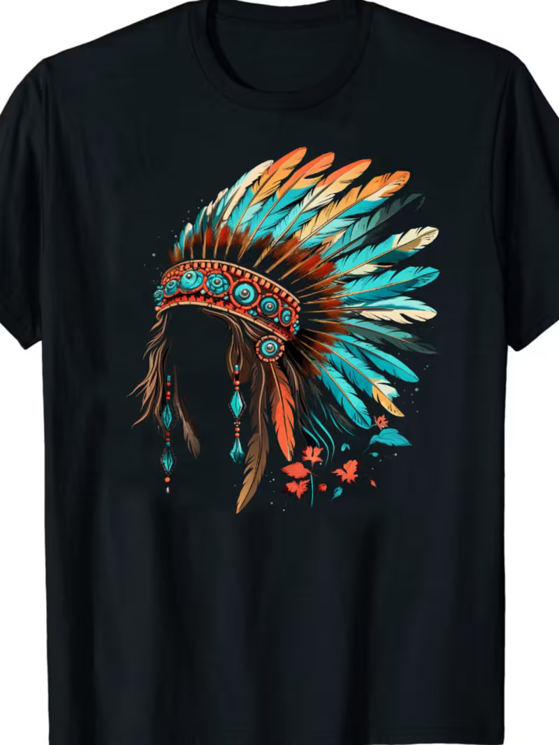 1pc Indien Headdress Graphic T-Shirt pour hommes, Tee en coton décontracté gallery