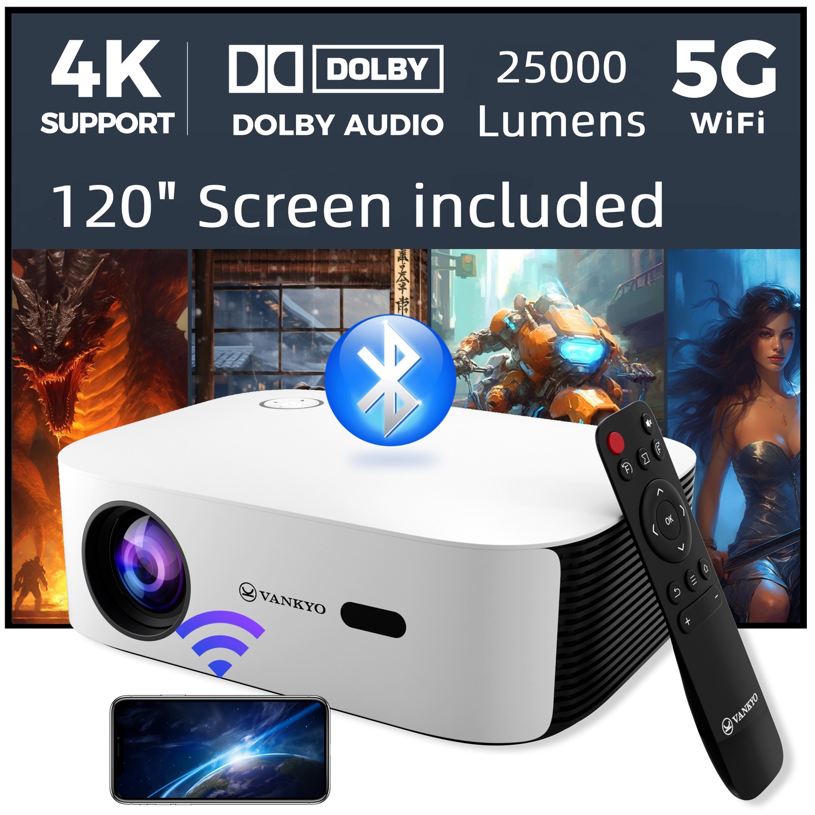 VANKYO 4K Projector DoIby 45000LMS 1080P HD 5G WiFi Bluetooth Video Home Theater