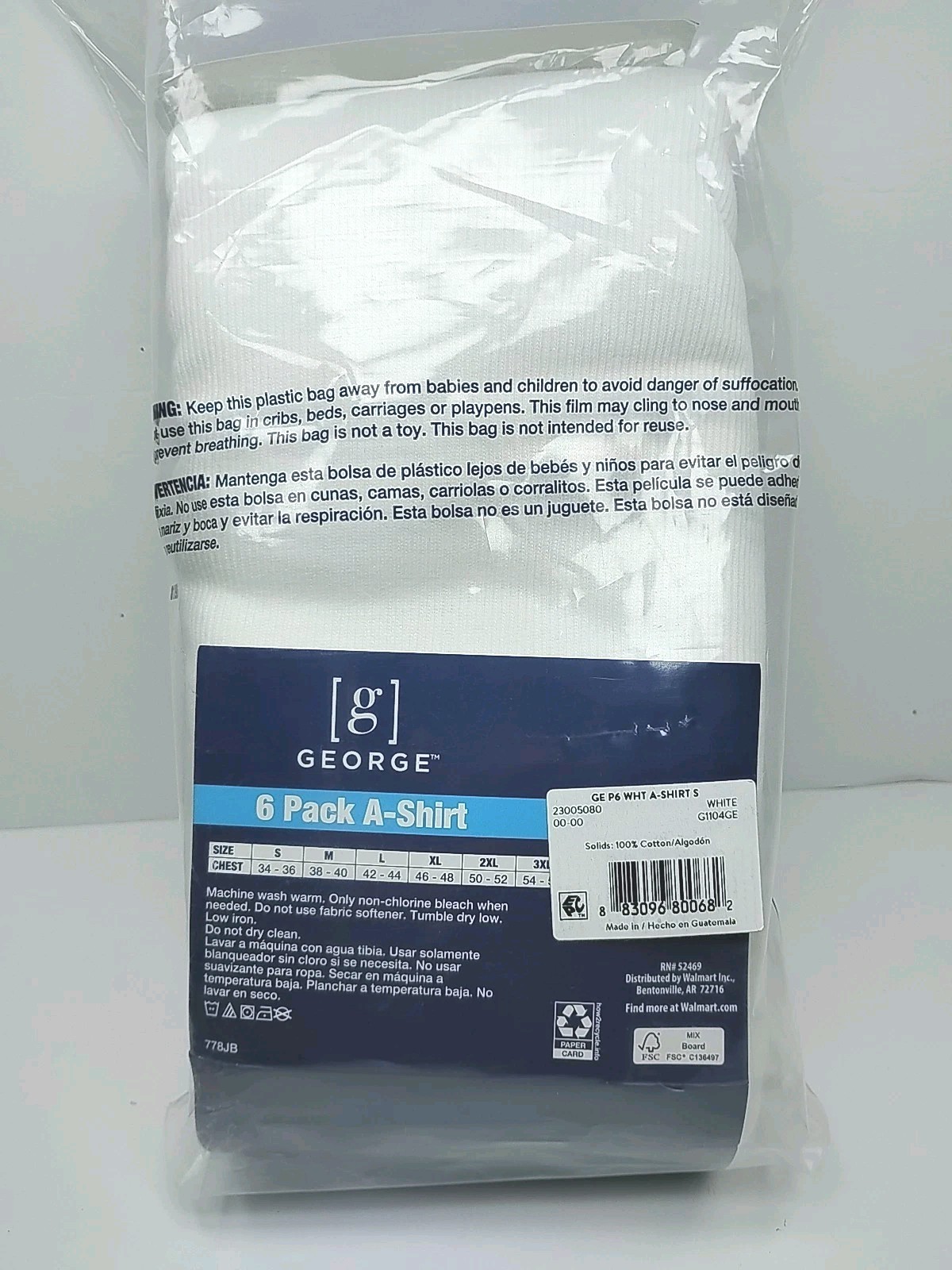 George Men's A-Shirts, 6-Pack, White, Size Small (34-36" Chest) New In Package gallery
