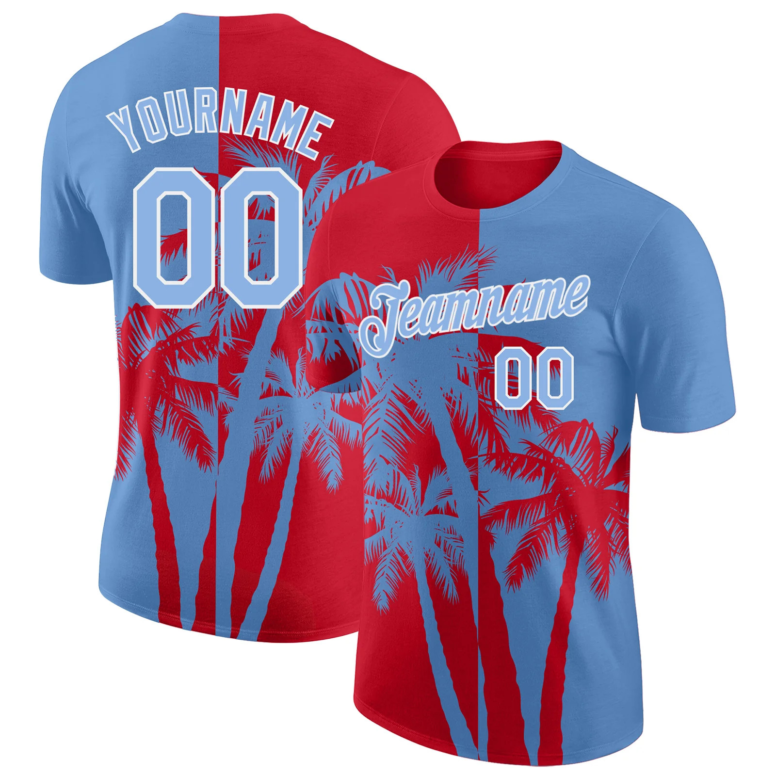 Custom Light Blue Red White Hawaii Palm Tree T-Shirt Tropical Summer Beach Gift