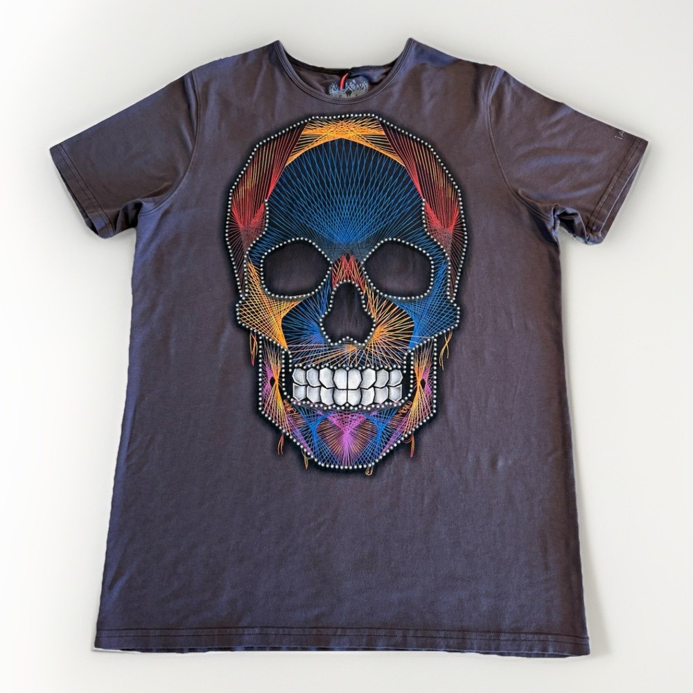 AY GUEY Mens Large Skull Graphic Tee Gray Viscose Stretch Short Sleeve