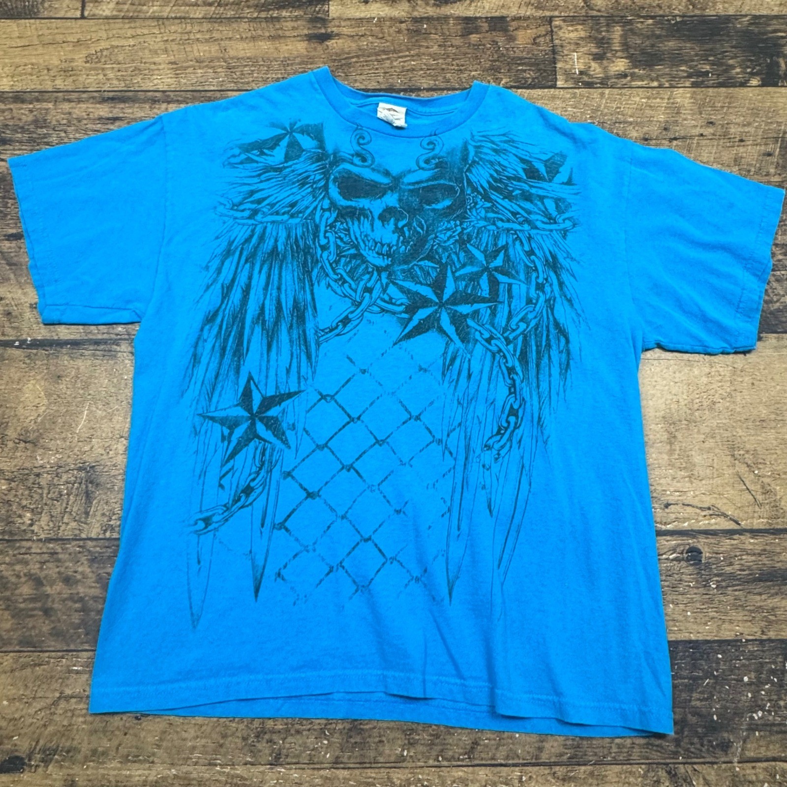 Y2K Skull Wings Star Chain Graphic T Shirt Blue Adult L grunge demon punk gallery
