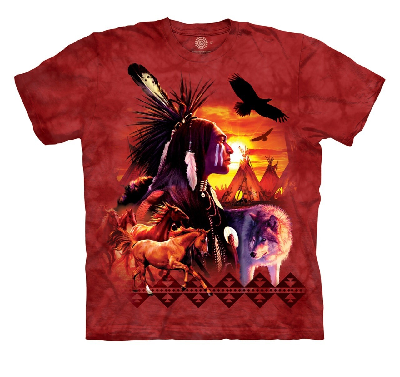 Wolf Horse Eagle Chief American Indian Collage Sunset Mountain Red Shirt S-3X gallery