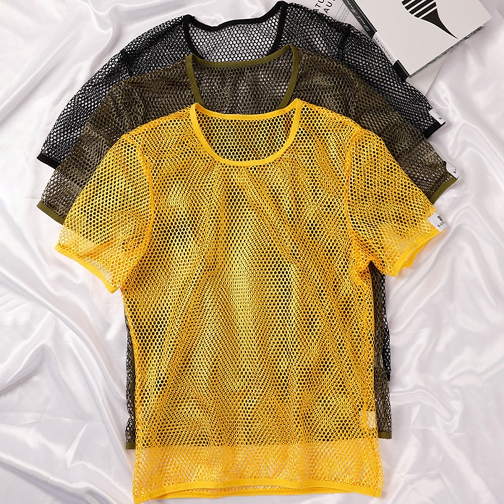 Mesh See Through Men TShirt Fishnet Short Sleeve Clubwear Undershirt Tee