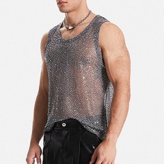 Mens Glitter Sheer See Through Fishnet Tank Top Sexy Mesh Muscle Vest S 3XL